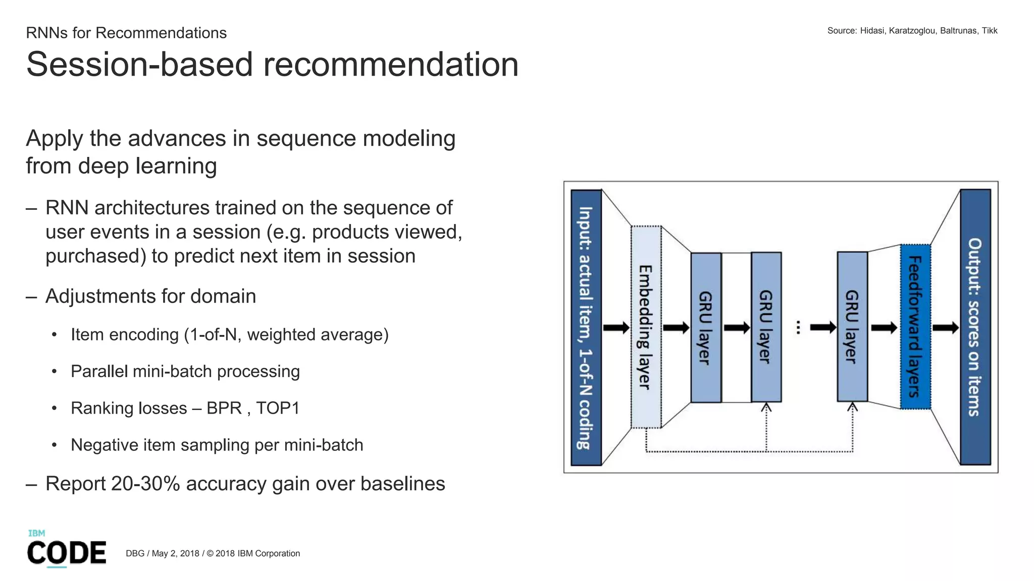 Session-based recommendation
DBG / May 2, 2018 / © 2018 IBM Corporation
RNNs for Recommendations
Apply the advances in sequence modeling
from deep learning
– RNN architectures trained on the sequence of
user events in a session (e.g. products viewed,
purchased) to predict next item in session
– Adjustments for domain
• Item encoding (1-of-N, weighted average)
• Parallel mini-batch processing
• Ranking losses – BPR , TOP1
• Negative item sampling per mini-batch
– Report 20-30% accuracy gain over baselines
Source: Hidasi, Karatzoglou, Baltrunas, Tikk
 