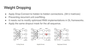 Weight Dropping
● Apply Drop-Connect to hidden to hidden connections. (All U matrices)
● Preventing recurrent unit overfitting.
● It needs not to modify optimized RNN implementations in DL frameworks.
● Apply the same dropout mask for the all sequence.
 