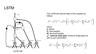 LSTM
The LSTM cell internal state is then updated as
follows
where
b: biases
U: input weights
W: recurrent weights
gi
(t)
: external input gate, similar to forget gate but
with its own parameters
LSTM “cell”
 