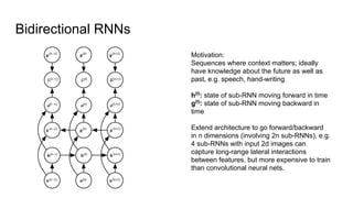 Bidirectional RNNs
Motivation:
Sequences where context matters; ideally
have knowledge about the future as well as
past, e.g. speech, hand-writing.
h(t)
: state of sub-RNN moving forward in time
g(t)
: state of sub-RNN moving backward in
time
Extend architecture to go forward/backward
in n dimensions (involving 2n sub-RNNs), e.g.
4 sub-RNNs with input 2d images can
capture long-range lateral interactions
between features, but more expensive to train
than convolutional neural nets.
 