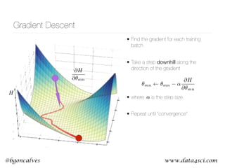 www.data4sci.com@bgoncalves
Gradient Descent
• Find the gradient for each training
batch
• Take a step downhill along the
direction of the gradient  
 
• where is the step size.
• Repeat until “convergence”.
H
✓mn ✓mn ↵
@H
@✓mn
@H
@✓mn
↵
 