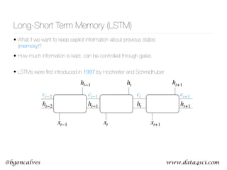 www.data4sci.com@bgoncalves
Long-Short Term Memory (LSTM)
xt
h t
ct−1 ct
xt+ 1
h t+ 1
ct+ 1
xt−1
h t−1
ct−2
• What if we want to keep explicit information about previous states
(memory)?
• How much information is kept, can be controlled through gates.
h t−2 h t−1 h t h t+ 1
• LSTMs were ﬁrst introduced in 1997 by Hochreiter and Schmidhuber
 