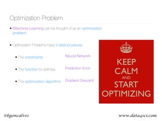 www.data4sci.com@bgoncalves
Optimization Problem
• (Machine) Learning can be thought of as an optimization
problem.
• Optimization Problems have 3 distinct pieces:
• The constraints
• The function to optimize
• The optimization algorithm.
Neural Network
Prediction Error
Gradient Descent
 