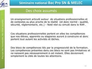 Eléments de constatSéminaire national Bac Pro SN & MELEC
Des choix assumés
Un enseignement articulé autour de situations professionnelles et
de contextes au plus proche de la réalité (et donc normé : qualité,
sécurité, réglementaire, etc.) - Noté réel ou simulé dans le RAP…
Ces situations professionnelles portent en elles les compétences
que nos élèves, apprentis ou stagiaires auront à construire et donc
portent tout autant les activités et tâches.
Des blocs de compétences liés par la progressivité de la formation.
Les compétences présentes dans ces blocs ne sont pas limitatives et
ne naissent pas nécessairement à cet instant. Elles deviennent
simplement la cible de toutes les attentions.
11
 