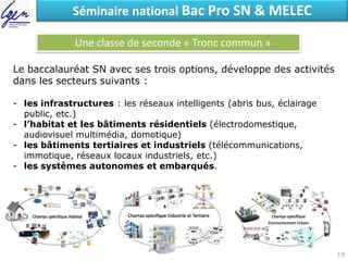 Eléments de constatSéminaire national Bac Pro SN & MELEC
Une classe de seconde « Tronc commun »
Le baccalauréat SN avec ses trois options, développe des activités
dans les secteurs suivants :
- les infrastructures : les réseaux intelligents (abris bus, éclairage
public, etc.)
- l’habitat et les bâtiments résidentiels (électrodomestique,
audiovisuel multimédia, domotique)
- les bâtiments tertiaires et industriels (télécommunications,
immotique, réseaux locaux industriels, etc.)
- les systèmes autonomes et embarqués.
19
 