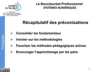 Le Baccalauréat Professionnel
SYSTÈMES NUMÉRIQUES
 Consolider les fondamentaux
 Insister sur les méthodologies
 Favoriser les méthodes pédagogiques actives
 Encourager l’apprentissage par les pairs
Récapitulatif des préconisations
30
 
