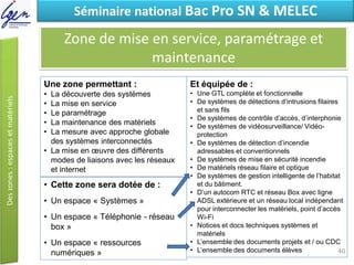 Eléments de constatSéminaire national Bac Pro SN & MELEC
Zone de mise en service, paramétrage et
maintenance
• Cette zone sera dotée de :
• Un espace « Systèmes »
• Un espace « Téléphonie - réseau
box »
• Un espace « ressources
numériques »
Une zone permettant :
• La découverte des systèmes
• La mise en service
• Le paramétrage
• La maintenance des matériels
• La mesure avec approche globale
des systèmes interconnectés
• La mise en œuvre des différents
modes de liaisons avec les réseaux
et internet
Et équipée de :
• Une GTL complète et fonctionnelle
• De systèmes de détections d’intrusions filaires
et sans fils
• De systèmes de contrôle d’accès, d’interphonie
• De systèmes de vidéosurveillance/ Vidéo-
protection
• De systèmes de détection d’incendie
adressables et conventionnels
• De systèmes de mise en sécurité incendie
• De matériels réseau filaire et optique
• De systèmes de gestion intelligente de l’habitat
et du bâtiment.
• D’un autocom RTC et réseau Box avec ligne
ADSL extérieure et un réseau local indépendant
pour interconnecter les matériels, point d’accès
Wi-Fi
• Notices et docs techniques systèmes et
matériels
• L’ensemble des documents projets et / ou CDC
• L’ensemble des documents élèves 40
 