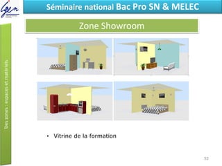 Eléments de constatSéminaire national Bac Pro SN & MELEC
Zone Showroom
• Vitrine de la formation
52
 