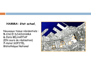 HAMMA: état actuel
Nouveaux tissus résidentiels :
5-Cité El DJAOUHARA
6-Ilots BELHAFFAF
(EN cours de réalisation)
7-Hotel SOFITEL
Bibliothèque National

75
5 55
6
5

 