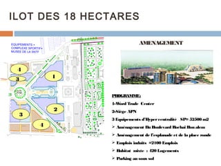 ILOT DES 18 HECTARES
AMENAGEMENT

EQUIPEMENTS +
COMPLEXE SPORTIF+
MUSEE DE LA SNTF

AN
G
LE

BEN BOUALI

D

RUE HASSIBA

SIEGE DU METRO D ALGER

HOTEL
SOFITEL

4

habitat collectif
services

1

EQUIPEMENTS D' HYPERCENTRALITE

 
     
 

WORLD TRADE CENTER

3

CENTRE COMMERCIAL

PLACE
RONDE

ESPLANADE

PROGRAMME:

PARKING SOUTERRAIN

TRAITE MENT D ANGLE PARTICULIER

1-W
ord Trade Center

2

ASSEMBLEE POPULAIRE
NATIONALE

EQUIPEMENTS
D'HYPERCENTRALITE

3

BIBLIOTHEQUE
NATIONALE

4

HABITAT MIXTE

ANIMATI ON URBAI NE A ASSURER

RUE MOHAMED BELOUIZDAD

HABITAT
COLLECTIF
MIXTE

2-Siège APN
3 Equipements d’Hyper centralité SP= 52500 m2
 Aménagement Du Boulevard Rochai Bou alem
 Aménagement de l’esplanade et de la place ronde
 Emplois induits =2100 Emplois
 Habitat mixte : 420 Logements
 Parking au sous sol

 