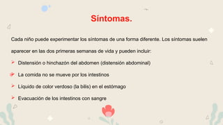 Síntomas.
Cada niño puede experimentar los síntomas de una forma diferente. Los síntomas suelen
aparecer en las dos primeras semanas de vida y pueden incluir:
 Distensión o hinchazón del abdomen (distensión abdominal)
 La comida no se mueve por los intestinos
 Líquido de color verdoso (la bilis) en el estómago
 Evacuación de los intestinos con sangre
 