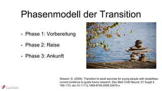 Phasenmodell der Transition
• Phase 1: Vorbereitung
• Phase 2: Reise
• Phase 3: Ankunft
Stewart, D. (2009). Transition to adult services for young people with disabilities:
current evidence to guide future research. Dev Med Child Neurol, 51 Suppl 4,
169–173. doi:10.1111/j.1469-8749.2009.03419.x
 