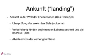 Ankunft (“landing”)
• Ankunft in der Welt der Erwachsenen (Das Reiseziel)
• Überprüfung der erreichten Ziele (outcome)
• Vorbereitung für den beginnenden Lebensabschnitt und die
nächste Reise
• Abschied von der vorherigen Phase
 