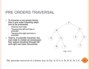 PRE ORDERS TRAVERSAL
 To traverse a non-empty binary
tree in pre order following steps
one to be processed
1. Visit the root node
2. Traverse the left sub tree in
preorder
3. Traverse the right sub tree in
preorder
 That is, in preorder traversal, the
root node is visited (or processed)
first, before traveling through left
and right sub trees recursively.
 