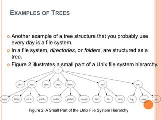 EXAMPLES OF TREES
 Another example of a tree structure that you probably use
every day is a file system.
 In a file system, directories, or folders, are structured as a
tree.
 Figure 2 illustrates a small part of a Unix file system hierarchy.
Figure 2: A Small Part of the Unix File System Hierarchy
 