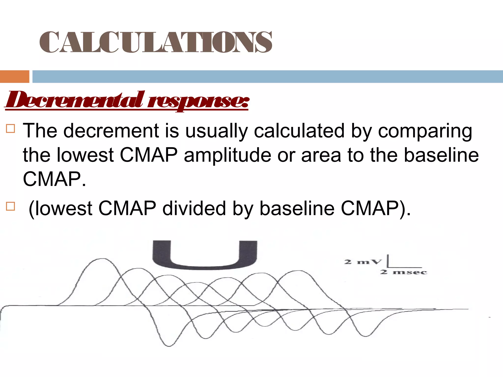 CALCULATIONS
Decremental response:
 The decrement is usually calculated by comparing
the lowest CMAP amplitude or area to the baseline
CMAP.
 (lowest CMAP divided by baseline CMAP).
 With 3 Hz stimulation the lowest CMAP is usually
the 4th
.
 
