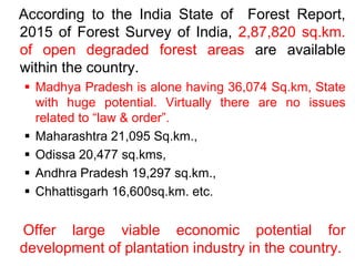 According to the India State of Forest Report,
2015 of Forest Survey of India, 2,87,820 sq.km.
of open degraded forest areas are available
within the country.
 Madhya Pradesh is alone having 36,074 Sq.km, State
with huge potential. Virtually there are no issues
related to “law & order”.
 Maharashtra 21,095 Sq.km.,
 Odissa 20,477 sq.kms,
 Andhra Pradesh 19,297 sq.km.,
 Chhattisgarh 16,600sq.km. etc.
Offer large viable economic potential for
development of plantation industry in the country.
 