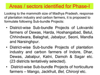 Areas / sectors identified for Phase-I
• District-wise Sub-bundle Projects of Lokvaniki
farmers of Dewas, Harda, Hoshangabad, Betul,
Chhindwara, Balaghat, Jabalpur, Seoni, Mandla
and Narsinghpur.
• District-wise Sub-bundle Projects of plantation
industry and carbon farmers of Indore, Dhar,
Dewas, Jabalpur, Katni, Damoh & Sagar etc.
(23 districts tentatively selected).
• District-wise Sub-bundle Projects of horticulture
farmers – Mango, Jackfruit, Bel, Chironji etc.
Looking to the mammoth size of Madhya Pradesh, response
of plantation industry and carbon farmers, it is proposed to
formulate following Sub-bundle Projects:
 