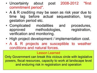 • Uncertainty about post 2008-2012 "first
commitment period".
• A & R crediting may be seen as risk year due to
time lag before actual sequestration, long
gestation period etc.
• Complicated modalities and procedures,
approved methodologies, registration,
verification and monitoring.
• High project development / implementation cost.
• A & R projects are susceptible to weather
conditions and natural forces.
Lesson Learned
Only Government can break this vicious circle with legislative
powers, fiscal resources, capacity to work at landscape level
and enduring risk in registration and operation
 