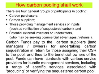 There are four general groups of participants in pooling:
 Carbon purchasers;
 Carbon suppliers;
 Those providing management services or inputs
(such as verification of sequestered carbon); and
 Potential external investors or underwriters,
(who may be seeking commercial advantages / returns,).
Carbon Funds pay to the carbon suppliers (land
managers / owners) for undertaking carbon
sequestration in return for those assigning their CSR
to the pool, and thus to the beneficial owners of the
pool. Funds can have contracts with various service
providers for bundle management services, including
a range of specific services associated with
‘producing’ or verifying the sequestered carbon pool.
How carbon pooling shall work
 
