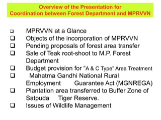  MPRVVN at a Glance
 Objects of the incorporation of MPRVVN
 Pending proposals of forest area transfer
 Sale of Teak root-shoot to M.P. Forest
Department
 Budget provision for “A & C Type” Area Treatment
 Mahatma Gandhi National Rural
Employment Guarantee Act (MGNREGA)
 Plantation area transferred to Buffer Zone of
Satpuda Tiger Reserve.
 Issues of Wildlife Management
Overview of the Presentation for
Coordination between Forest Department and MPRVVN
 