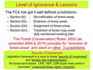Level of Ignorance & Lessons
The FCA has got 4 well defined jurisdictions:
– Section-2(i) : De-notification of forest areas.
– Section-2(ii) : Diversion of forest areas.
– Section-2(iii) : Assignment of forest areas.
– Section-2(iv) : Treatment of forest crop under
duly sanctioned working plan
The Forest (Conservation) Rules, 2003 (as
amended 2004 & 2014) provides for “diversion of
forest areas” and silent on other 3 jurisdictions.
Security of Investment
Legislative framework is a must to boost “security of investment”
and “trouble free implementation”.
No forest land lessee; CER, VER, CSR buyer shall come to
purchase “unsecured lease rights / property”.
 