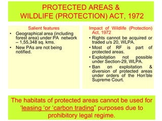 PROTECTED AREAS &
WILDLIFE (PROTECTION) ACT, 1972
Salient features
• Geographical area (including
forest area) under PA network
– 1,55,348 sq. kms.
• New PAs are not being
notified.
Impact of Wildlife (Protection)
Act, 1972
• Rights cannot be acquired or
traded u/s 20, WLPA.
• Most of RF is part of
protected areas.
• Exploitation not possible
under Section-29, WLPA.
• Ban on exploitation &
diversion of protected areas
under orders of the Hon’ble
Supreme Court.
The habitats of protected areas cannot be used for
‘leasing ‘or ‘carbon trading” purposes due to
prohibitory legal regime.
 