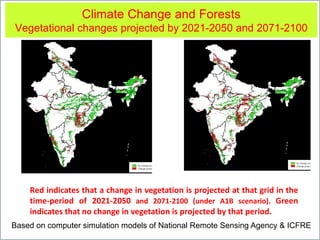 Red indicates that a change in vegetation is projected at that grid in the
time-period of 2021-2050 and 2071-2100 (under A1B scenario). Green
indicates that no change in vegetation is projected by that period.
Climate Change and Forests
Vegetational changes projected by 2021-2050 and 2071-2100
Based on computer simulation models of National Remote Sensing Agency & ICFRE
 