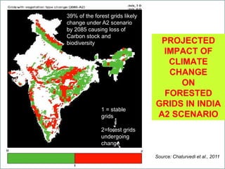 PROJECTED
IMPACT OF
CLIMATE
CHANGE
ON
FORESTED
GRIDS IN INDIA
A2 SCENARIO
Source: Chaturvedi et al., 2011
39% of the forest grids likely
change under A2 scenario
by 2085 causing loss of
Carbon stock and
biodiversity
1 = stable
grids
2=forest grids
undergoing
change
 