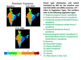Forest type distribution and extent
simulated by IBIS for the baseline case
and A1B (2035 and 2085) scenarios. (VT –
refers to Vegetation Types. The numbers
refer to the following vegetation types
1: Tropical evergreen forest / woodland,
2: Tropical deciduous forest / woodland,
3. Temperate evergreen broadleaf forest /
woodland,
4: Temperate evergreen conifer forest /
woodland,
5: Temperate deciduous forest /
woodland,
6: Boreal evergreen forest / woodland, 7:
boreal deciduous forest / woodland, 8:
mixed forest / woodland,
9: Savanna,
10: Grassland/ steppe,
11: Dense shrubland,
12: Open shrubland,
13: Tundra,
14: Desert,
15. Polar desert / rock / ice)
 
