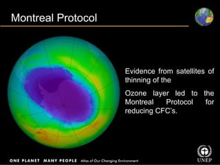 Title
Body text
Evidence from satellites of
thinning of the
Ozone layer led to the
Montreal Protocol for
reducing CFC’s.
Montreal Protocol
 
