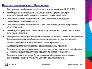 Проекты реализуемые в Наноцентре
•   Все проекты необходимо разбить по стадиям развития (НИР, ОКР)
•   Необходимо четко выделить проекты, относящиеся к сфере
    нанотехнологий и обосновать отнесение к данной области
•   Обосновать связь реализуемых проектов со специализацией
    Нанотехнологического центра
•   Обосновать связь реализуемых проектов с имеющимся и закупаемым
    оборудованием
•   Необходимо представить описание технологических процессов по всем
    пилотным проектам.
•   Для представления развернутой информации по всем пилотным проектам
    Заявки по каждому необходимо заполнить две стандартные формы:
    «Научно-техническое описание пилотного проекта» и
    «Описание пилотного проекта» (бизнес процессы проекта).
•   Выделить две группы проектов: старт-апы и технологические платформы
    ЦТТ (коммерциализация через продажу патентов и лицензий)
•   Выделить услуги, которые будут оказывать НЦ самостоятельно и в
    партнерстве (привести схему и условия взаимодействия)

                                  Страница 25                 www.rusnano.com
 