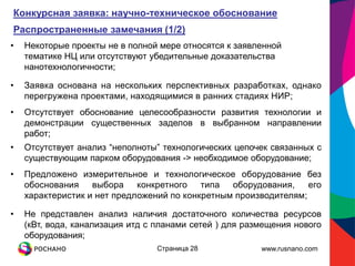 Конкурсная заявка: научно-техническое обоснование
Распространенные замечания (1/2)
•   Некоторые проекты не в полной мере относятся к заявленной
    тематике НЦ или отсутствуют убедительные доказательства
    нанотехнологичности;

•   Заявка основана на нескольких перспективных разработках, однако
    перегружена проектами, находящимися в ранних стадиях НИР;
•   Отсутствует обоснование целесообразности развития технологии и
    демонстрации существенных заделов в выбранном направлении
    работ;
•   Отсутствует анализ “неполноты” технологических цепочек связанных с
    существующим парком оборудования -> необходимое оборудование;
•   Предложено измерительное и технологическое оборудование без
    обоснования    выбора конкретного      типа  оборудования,    его
    характеристик и нет предложений по конкретным производителям;

•   Не представлен анализ наличия достаточного количества ресурсов
    (кВт, вода, канализация итд с планами сетей ) для размещения нового
    оборудования;
                                 Страница 28             www.rusnano.com
 