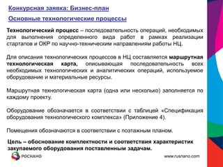 Конкурсная заявка: Бизнес-план
Основные технологические процессы
Технологический процесс – последовательность операций, необходимых
для выполнения определенного вида работ в рамках реализации
стартапов и ОКР по научно-техническим направлениям работы НЦ.

Для описания технологических процессов в НЦ составляется маршрутная
технологическая карта, описывающая последовательность всех
необходимых технологических и аналитических операций, используемое
оборудование и материальные ресурсы.

Маршрутная технологическая карта (одна или несколько) заполняется по
каждому проекту.

Оборудование обозначается в соответствии с таблицей «Спецификация
оборудования технологического комплекса» (Приложение 4).

Помещения обозначаются в соответствии с поэтажным планом.

Цель – обоснование комплектности и соответствия характеристик
закупаемого оборудования поставленным задачам.
                                                      www.rusnano.com
 
