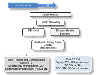 Health Minister
Health Secretary
MD NHM Director Health
Services
Additional / Deputy / Joint
Director
(State TB Officer)
State TB Cell
Deputy STO, MO, Accountant,
IEC Officer, SA,
DEO, TB HIV Coordinator etc.,
State Training and Demonstration
Center (TB)
Director, IRL Microbiologist, MO,
Epidemiologist/statistician, IRL LTs etc.,
14
ORGANISATION STATE
 