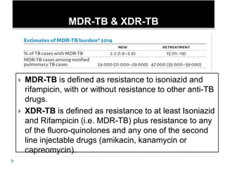 MDR-TB & XDR-TB
 MDR-TB is defined as resistance to isoniazid and
rifampicin, with or without resistance to other anti-TB
drugs.
 XDR-TB is defined as resistance to at least Isoniazid
and Rifampicin (i.e. MDR-TB) plus resistance to any
of the fluoro-quinolones and any one of the second
line injectable drugs (amikacin, kanamycin or
capreomycin).
 