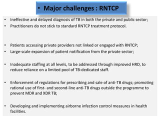 • Ineffective and delayed diagnosis of TB in both the private and public sector;
• Practitioners do not stick to standard RNTCP treatment protocol.
• Patients accessing private providers not linked or engaged with RNTCP;
• Large-scale expansion of patient notification from the private sector;
• Inadequate staffing at all levels, to be addressed through improved HRD, to
reduce reliance on a limited pool of TB-dedicated staff.
• Enforcement of regulations for prescribing and sale of anti-TB drugs; promoting
rational use of first- and second-line anti-TB drugs outside the programme to
prevent MDR and XDR TB;
• Developing and implementing airborne infection control measures in health
facilities.
• Major challenges : RNTCP
 