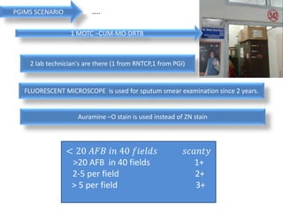 PGIMS SCENARIO …..
FLUORESCENT MICROSCOPE is used for sputum smear examination since 2 years.
Auramine –O stain is used instead of ZN stain
2 lab technician's are there (1 from RNTCP,1 from PGI)
< 20 𝐴𝐹𝐵 𝑖𝑛 40 𝑓𝑖𝑒𝑙𝑑𝑠 𝑠𝑐𝑎𝑛𝑡𝑦
>20 AFB in 40 fields 1+
2-5 per field 2+
> 5 per field 3+
1 MOTC –CUM-MO-DRTB
 