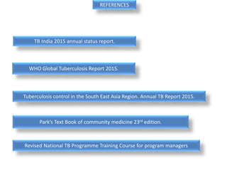TB India 2015 annual status report.
WHO Global Tuberculosis Report 2015.
Tuberculosis control in the South East Asia Region. Annual TB Report 2015.
Park’s Text Book of community medicine 23rd edition.
REFERENCES
Revised National TB Programme Training Course for program managers
 