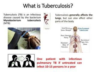 What is Tuberculosis?
Tuberculosis (TB) is an infectious
disease caused by the bacterium
Mycobacterium tuberculosis
(MTB)
Tuberculosis generally affects the
lungs, but can also affect other
parts of the body
One patient with infectious
pulmonary TB if untreated can
infect 10-15 persons in a year
 