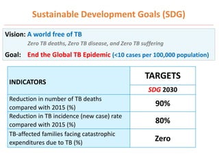 Vision: A world free of TB
Zero TB deaths, Zero TB disease, and Zero TB suffering
Goal: End the Global TB Epidemic (<10 cases per 100,000 population)
Sustainable Development Goals (SDG)
INDICATORS
TARGETS
SDG 2030
Reduction in number of TB deaths
compared with 2015 (%)
90%
Reduction in TB incidence (new case) rate
compared with 2015 (%)
80%
TB-affected families facing catastrophic
expenditures due to TB (%)
Zero
 