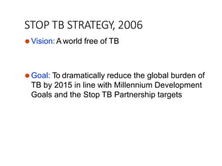 STOP TB STRATEGY, 2006
⚫Vision:A world free of TB
⚫Goal: To dramatically reduce the global burden of
TB by 2015 in line with Millennium Development
Goals and the Stop TB Partnership targets
 