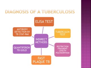 INDIRECT
METHODS
ELISA TEST
TUBERCULIN
TEST
RESTRICTION
FRAGMENT
LENGTH
POLYMORPHISM
FAST
PLAQUE TB
QUANTIFERON
TB GOLD
ANTIBODY
DETECTION BY
TB STAT-PAK
 