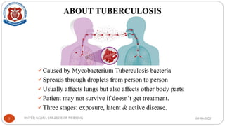ABOUT TUBERCULOSIS
✓Caused by Mycobacterium Tuberculosis bacteria
✓Spreads through droplets from person to person
✓Usually affects lungs but also affects other body parts
✓Patient may not survive if doesn’t get treatment.
✓Three stages: exposure, latent & active disease.
03-06-2023
RNTCP, KGMU, COLLEGE OF NURSING
3
 