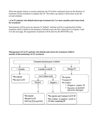 When the patient returns to resume treatment, the CP will be continued, however the duration of
treatment will be extended to complete the CP. The follow up cultures will be done as per the
revised schedule.

o Cat IV patients who default (interrupt treatment for 2 or more months) and return back
for treatment:

Such patients will be given an outcome of “default” and then will be re-registered for further
treatment which is based on the duration of default as per the flow charts given in Figures 3 and
4 on the next page. Re-registration of patients will be done by the DOTS Plus site.




Management of Cat IV patients who default and return for treatment within 6
months of discontinuing Cat IV treatment
 
