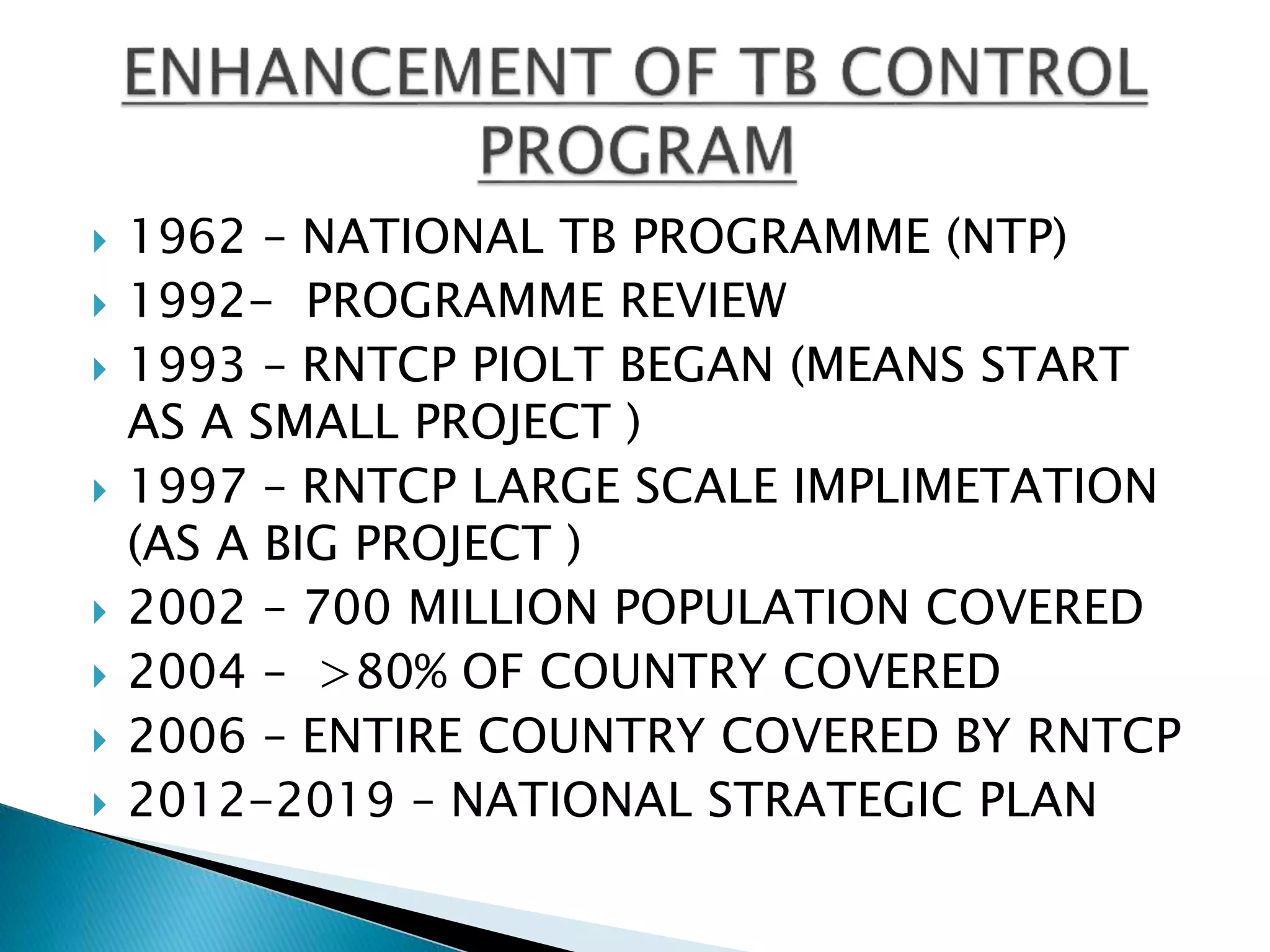  1962 – NATIONAL TB PROGRAMME (NTP)
 1992- PROGRAMME REVIEW
 1993 – RNTCP PIOLT BEGAN (MEANS START
AS A SMALL PROJECT )
 1997 – RNTCP LARGE SCALE IMPLIMETATION
(AS A BIG PROJECT )
 2002 – 700 MILLION POPULATION COVERED
 2004 – >80% OF COUNTRY COVERED
 2006 – ENTIRE COUNTRY COVERED BY RNTCP
 2012-2019 – NATIONAL STRATEGIC PLAN
 