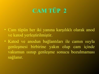 CAM TÜP  2 Cam tüpün her iki yanına karşılıklı olarak anod ve katod yerleştirilmiştir.  Katod ve anodun bağlantıları ile camın ısıyla genleşmesi birbirine yakın olup cam içinde vakumun ısınıp genleşme sonucu bozulmaması sağlanır. 