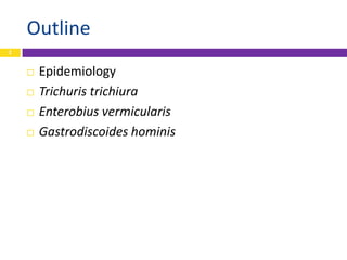 Outline
2


       Epidemiology
       Trichuris trichiura
       Enterobius vermicularis
       Gastrodiscoides homin...