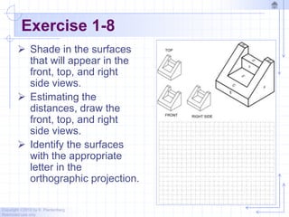 Copyright ©2010 by K. Plantenberg
Restricted use only
Exercise 1-8
 Shade in the surfaces
that will appear in the
front, top, and right
side views.
 Estimating the
distances, draw the
front, top, and right
side views.
 Identify the surfaces
with the appropriate
letter in the
orthographic projection.
 