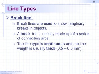 Copyright ©2010 by K. Plantenberg
Restricted use only
Line Types
 Break line:
→ Break lines are used to show imaginary
breaks in objects.
→ A break line is usually made up of a series
of connecting arcs.
→ The line type is continuous and the line
weight is usually thick (0.5 – 0.6 mm).
 